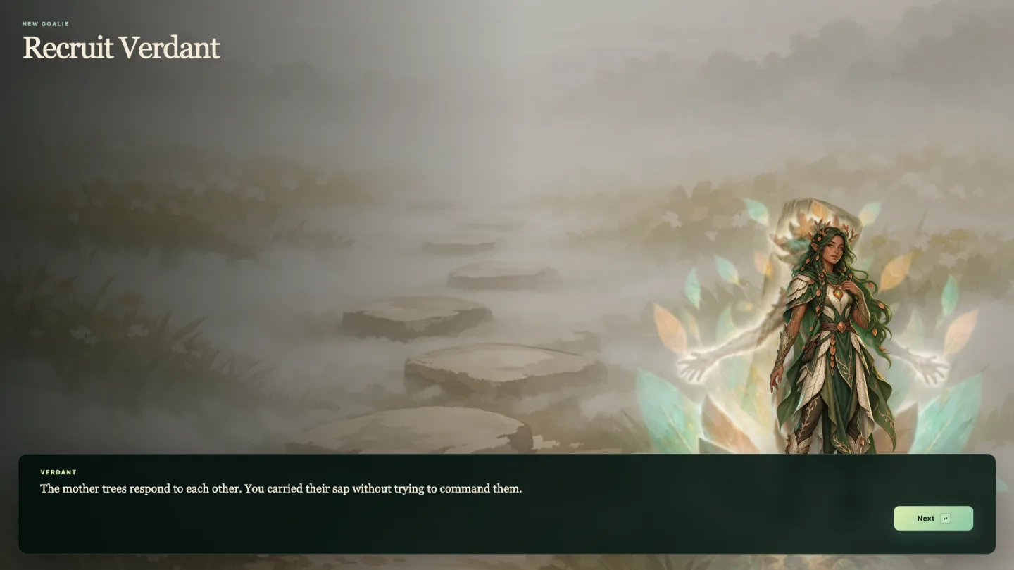 A recruitment dialogue with Verdant after securing her territory