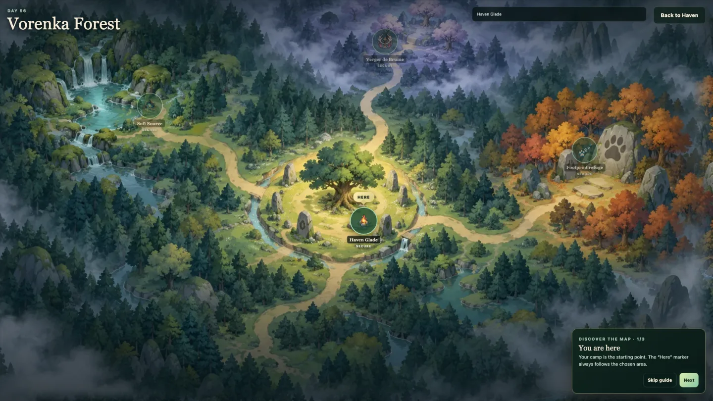 The branching Vorenka Forest map with territories opening from the central Haven